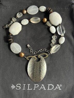 Silpada White Jade, Pearl, Wood & Sterling Silver Necklace N1899